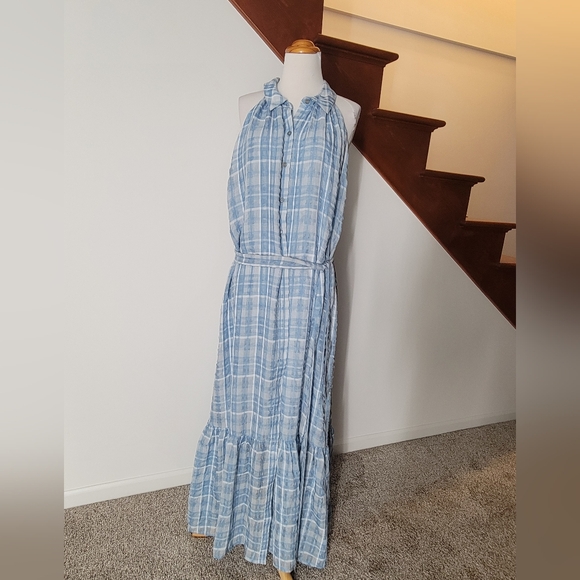 Anthropologie Sleeveless Button Down Shirt Dress Blue Plaid Maxi Tiered XL - Picture 2 of 5